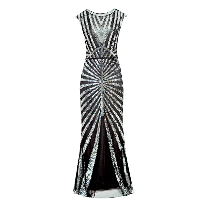 Женское платье 1920s Great Gatsby, длинное платье 20 s, винтажное платье с круглым вырезом, без рукавов, с открытой спиной, макси, вечерние платья для выпускного вечера, коктейльное платье - Color: Silver