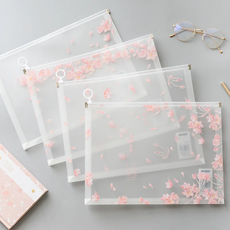 

A4 plastic document bag zipper file folder cherry blossom cactus storage file bag 24*32cm 4pcs/lot file pocket High capacity