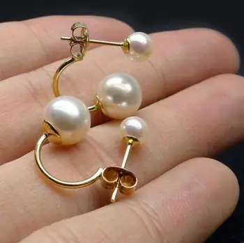 

Free shipping 5-8.5MM White Real Akoya Double Pearl Ear Stud Earrings 14 Solid Yellow Gold