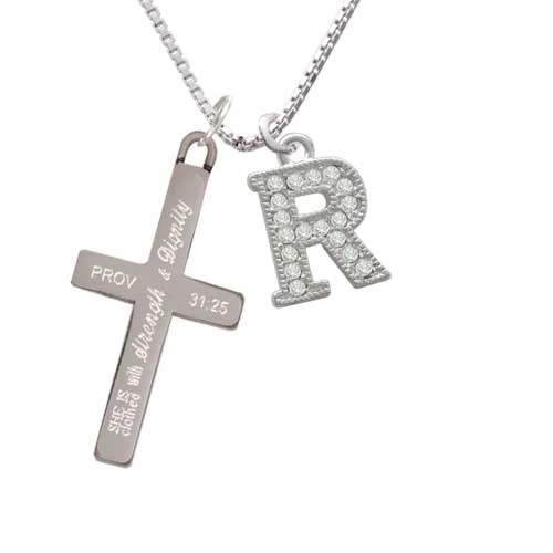 Crystal Initial - R - Beaded Border - - Strength and Dignity - Cross Necklace (1)