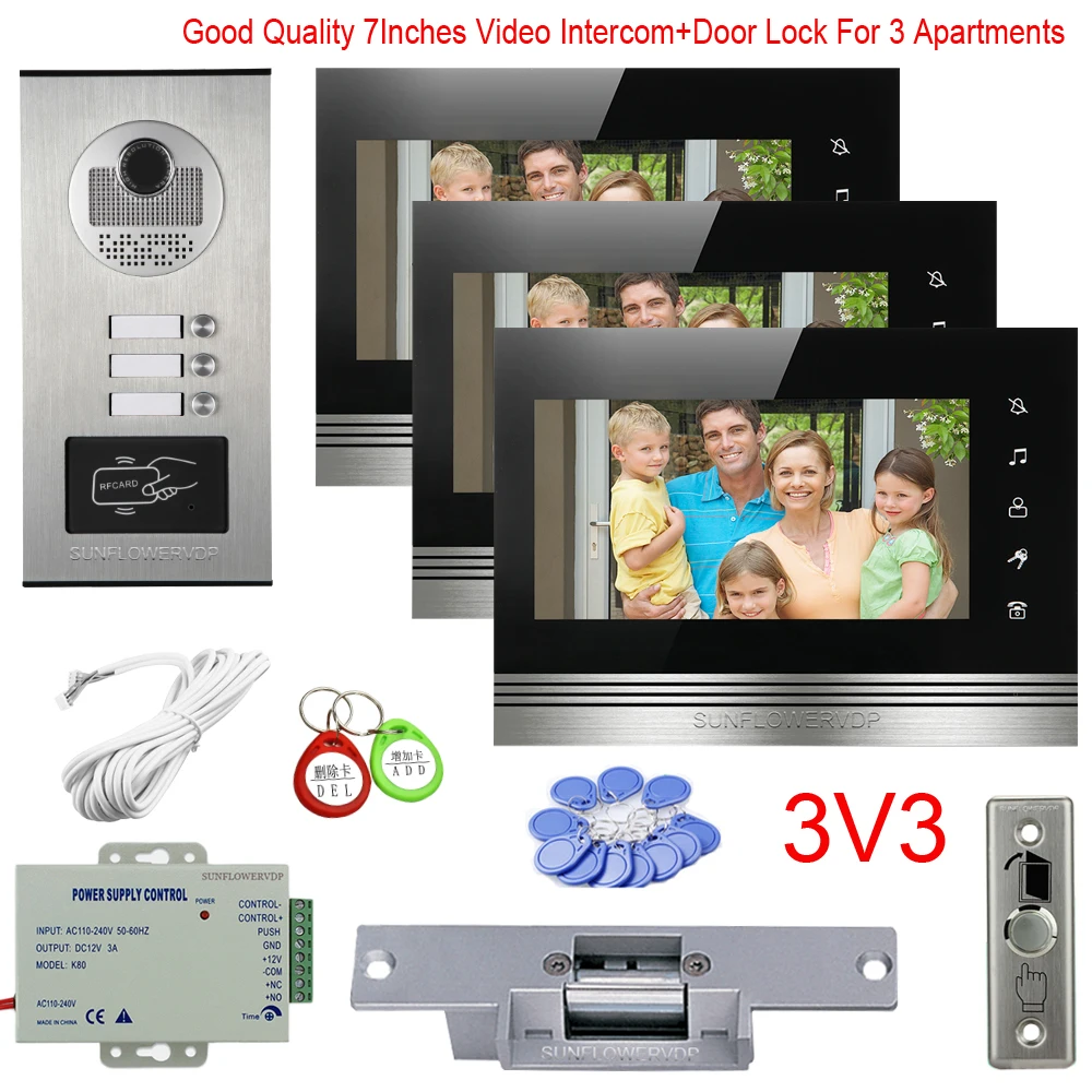 Video Intercom For Apartment 2/3/4/6 With Multi Units Video Phone 7Inches Color Monitor Homephone With Electric Door Lock Kit