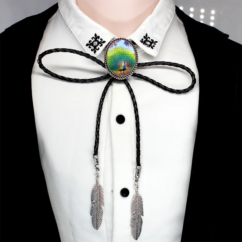 Bolo-003 модные красивые картины с изображением павлина стеклянный кабошон Боло галстук очаровательные павлин ювелирные изделия на шею Галстуки кожаная цепочка Ожерелье - Окраска металла: 3-3