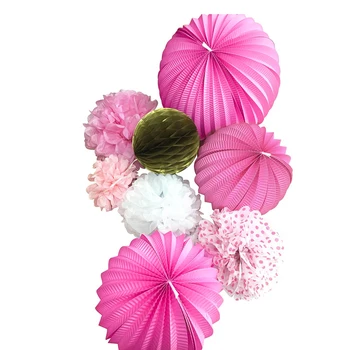 

8pcs(Gold,Pink) Paper Decoration Set Paper Crafts(Pleated Lantern,Honeycombs,Pom Pom) Wedding Birthday Party Shower Decor
