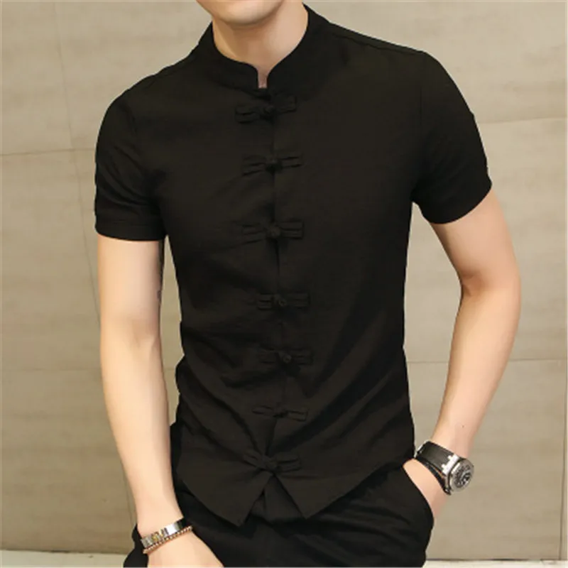 Мужские однотонные рубашки на пуговицах в китайском стиле, рубашка с коротким рукавом, тонкая льняная одежда - Цвет: Черный