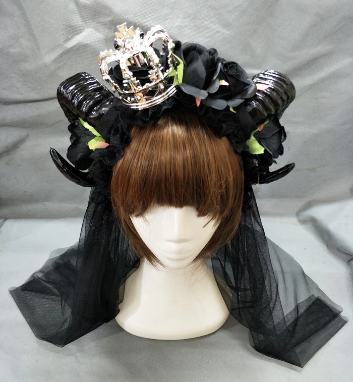 

Restyle Large Black Evil Maleficent Horns Roses Gothic Hair Headpiece Crown Headband Lolita Veil Sheep Horn Hair Accessories