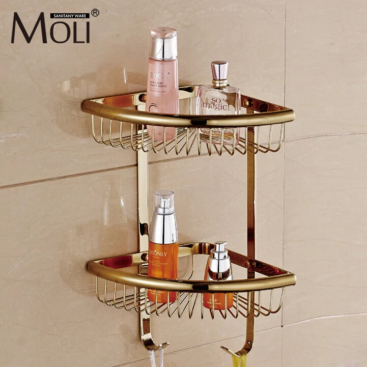 Gold finish storage shleves with hook wall mounted dual tier corner shelf for bathroom acessorios para banheiro