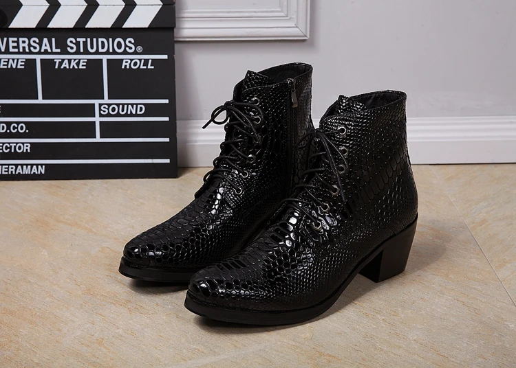 Mens shoes high heel black python skin cowboy boots mens ankle boots chelsea bota masculina lace up winter shoes men motorcycle