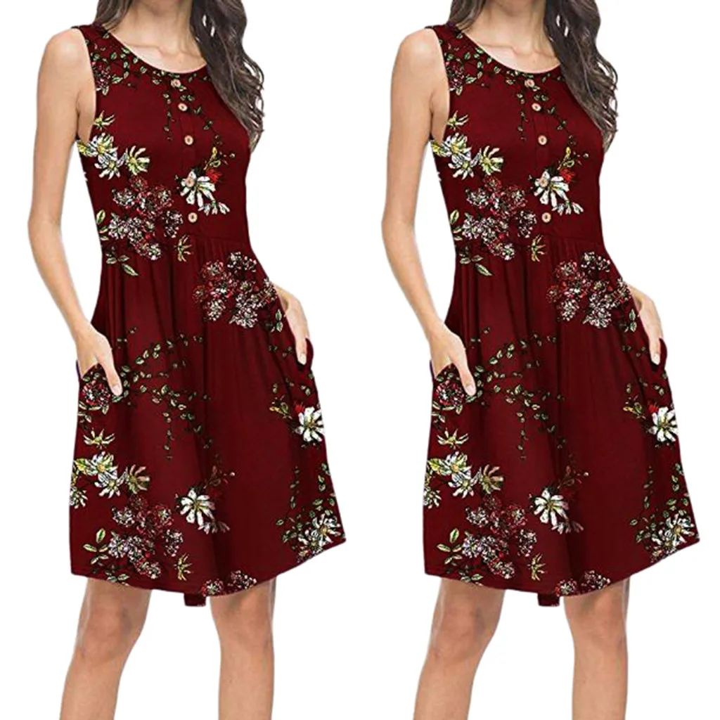 Women Dress 2020 Women's Casual O-neckline Mini Dress Bohemian Pocket Sleeveless Button Dress Party Dress Vestidos Plus Size