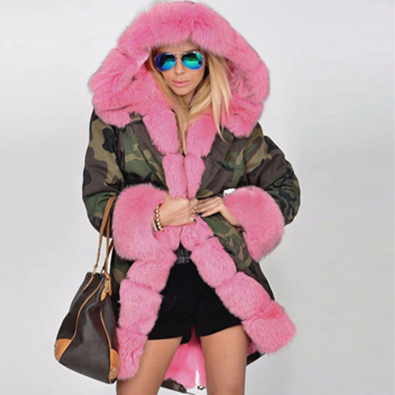 

2017 New Winter Women Camouflage Jacket Pink Real Fox Fur Hooded Long Coat Natural Real Fur parka Europe Style Outwear