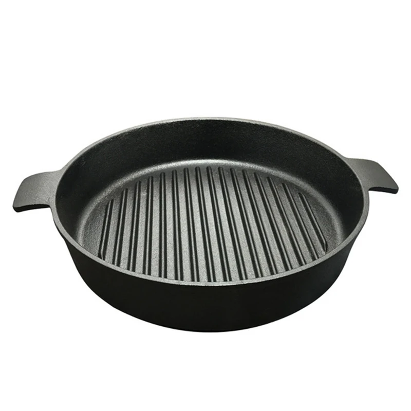 

24CM Thickened Striped Cast Iron Roasting Pans BBQ Roaster Steak Frying Pan Uncoated Non-stick Barbecue Plate Cooking Pot