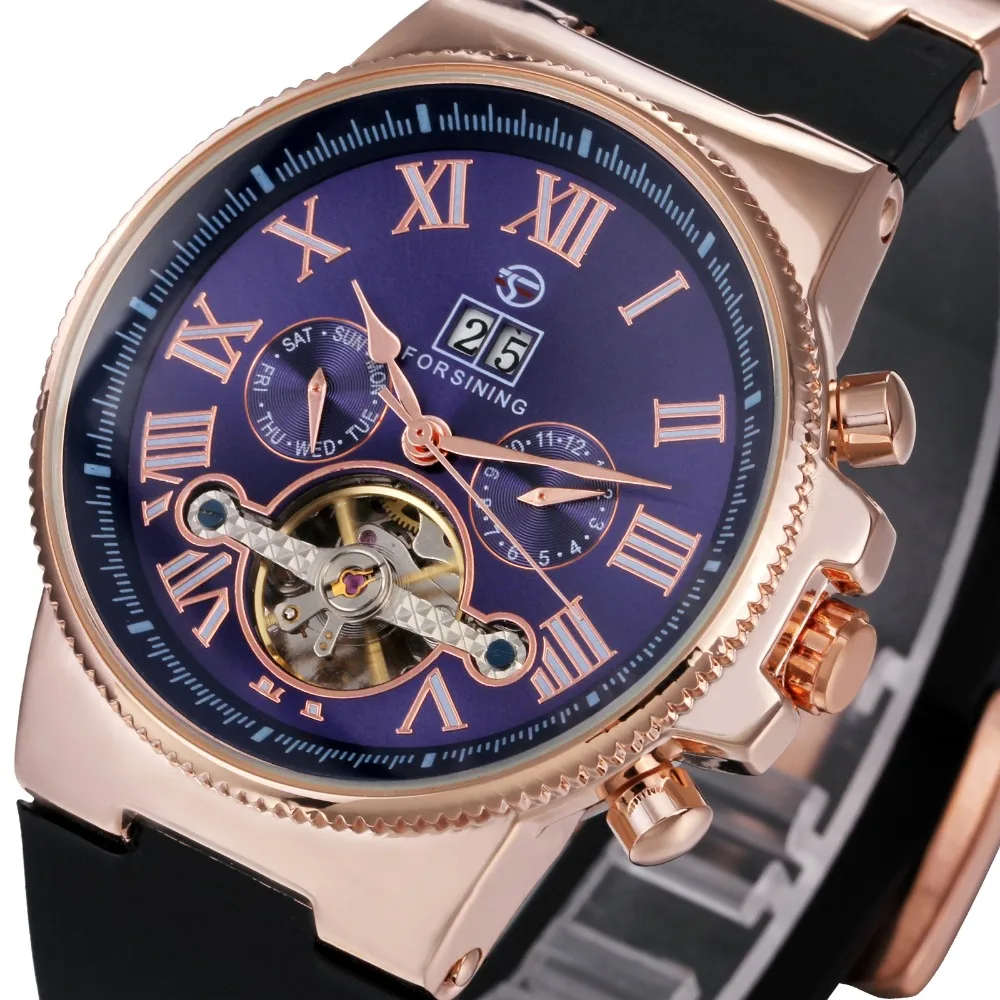 Luxury Tourbillon Men Automatic Mechanical Wrist Watch Rose Golden Case Rubber Strap Sub-dial Roman Number Calendar reloj hombre