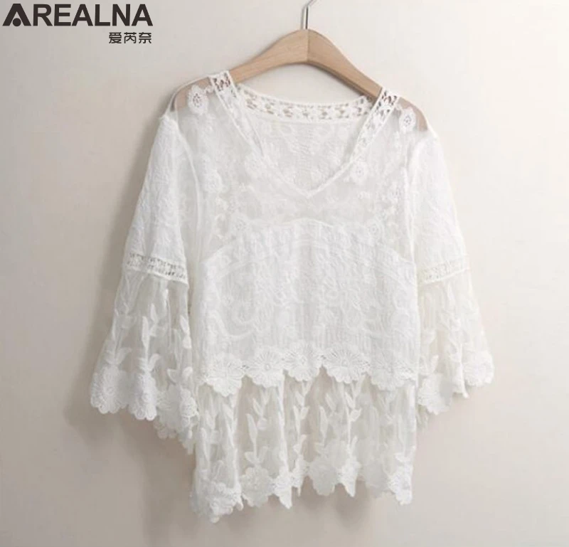 Women blouses 2018 new summer white lace blouse Women V