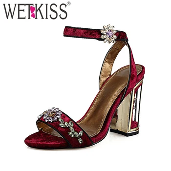 

WETKISS 2018 Summer Women Sandals Pleuche Ladies Shoes Open Toe Bird Cage High Heels Footwear Ankle Strap Crystal Female Shoes
