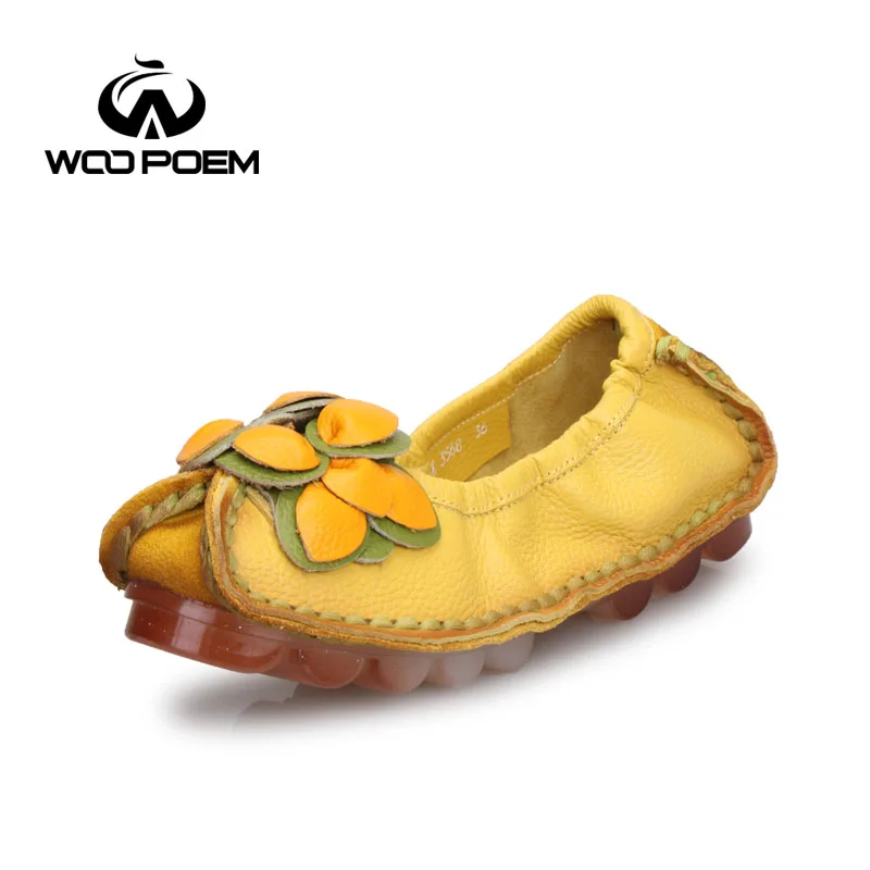 

WooPoem Spring Autumn Shoes Women Breathable Cow Leather Loafers Shoes Comfortable Low Heel Flats Sewing Flower Lady Shoes 3568