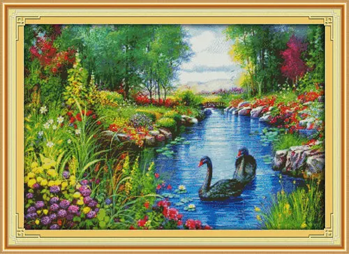 Мирной пейзаж Swan цветы картина вышивки крестом 11CT 14CT DMC вышивки крестом комплект Вышивка Дизайн и декор рукоделия Sale