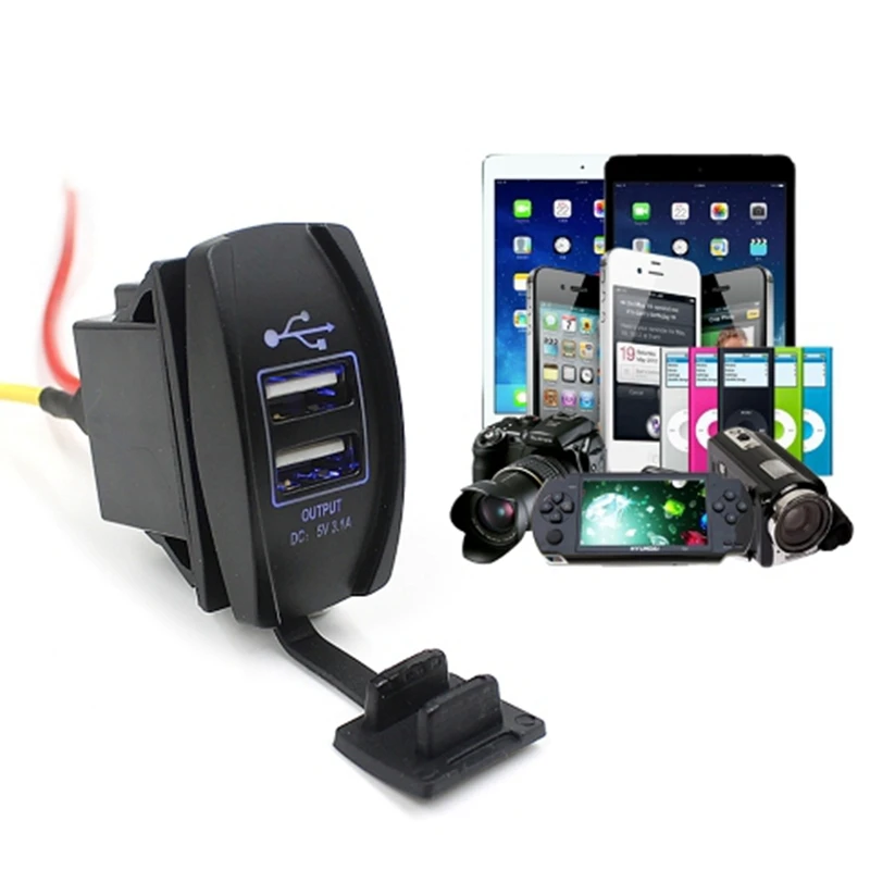 

Waterproof Dual USB Car-charger Socket Plug Universal Automobiles Motorcycle 3.1A Charging Power Adapter w/ Blue LED for Phone