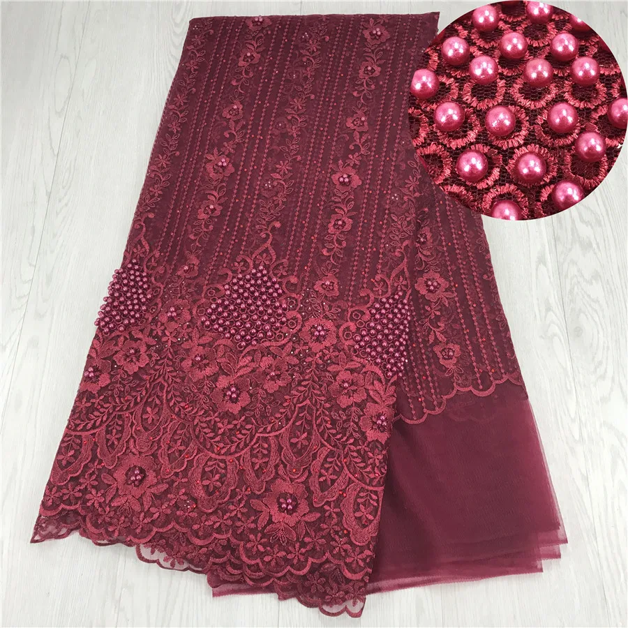 Wine Color African Tulle Lace With Beads Bridal Lace Fabric, High ...