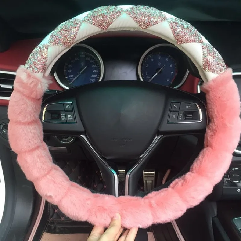 38cm Winter Plush Car Steering Wheel Cover Warm Pink Furry Steering Cover Case with Rhinestones Crystals for Women Lady 38cm Winter Plush Car Steering Wheel Cover Warm Pink Furry Steering Cover Case with Rhinestones Crystals for Women Lady