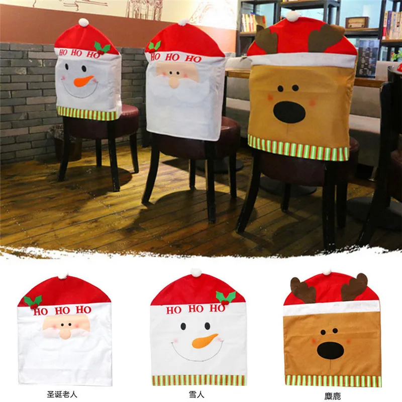

Cute Christmas Dinner Chair Back Cover Set Xmas Santa Claus Snowman Elk Red Chair Hat Decor Gift
