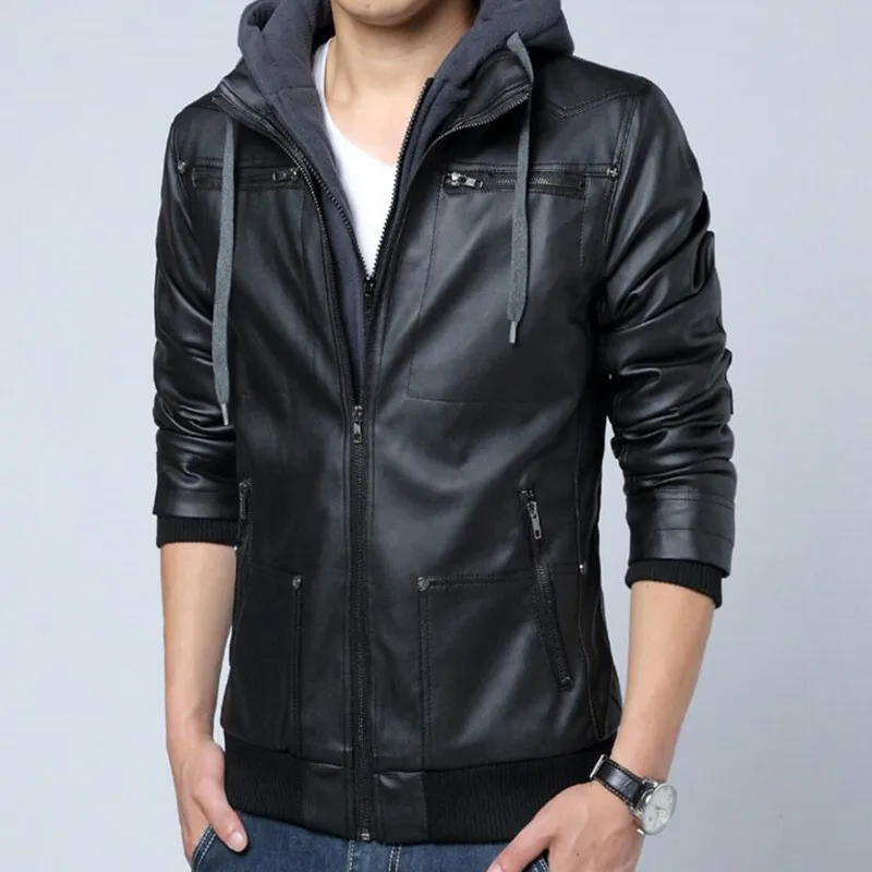  2019 Men Autumn Winter Hoodie Leather Jacket Biker Motorcycle Outwear Warm Coat New Men's high-grad