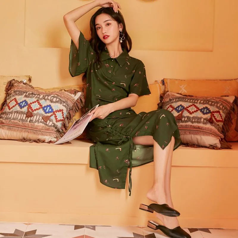 

LANMREM 2019 New Street Styles Turn-down Collar Women Drawstring Rope Pullong Green Printed Vintage Qipao Dress WG99506L