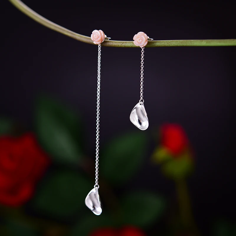 Lotus Fun Real 925 Sterling Silver Handmade Designer Fine Jewelry Sea Shell Delicate Rose Petals Uneven Drop Earrings for Women