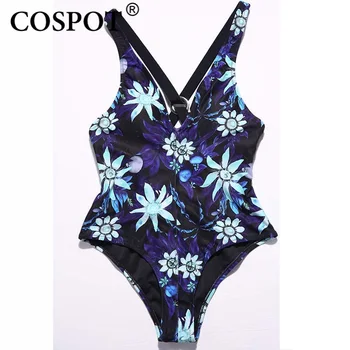 

COSPOT Women Swimsuit Floral Print One Piece Monokini Hollow Swimwear Overalls Plunge Cross Back Bathing Suit Bodysuit Beachwear