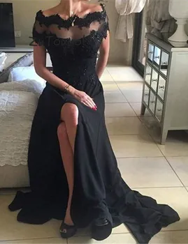 

Black Evening Dress Boat Neck Lace A Line Charming Long Prom Dresses With Splits Sexy Open Back Beaded Appliques Evening Gowns