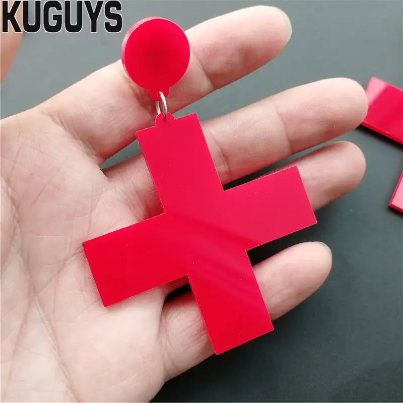 KUGUYS Fashion Jewelry Oorbellen Acrylic Red White Black Cross Earrings for Women Pendientes Trendy Drop Earring DJ DS Brincos - Image 4