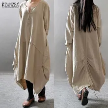 ZANZEA 2019 Women Asymmetric Dress Vintage Linen Long Vestidos Female O Neck Long Sleeve Button Down Solid Baggy Dress Plus Size ZANZEA 2019 Women Asymmetric Dress Vintage Linen Long Vestidos Female O Neck Long Sleeve Button Down Solid Baggy Dress Plus Size