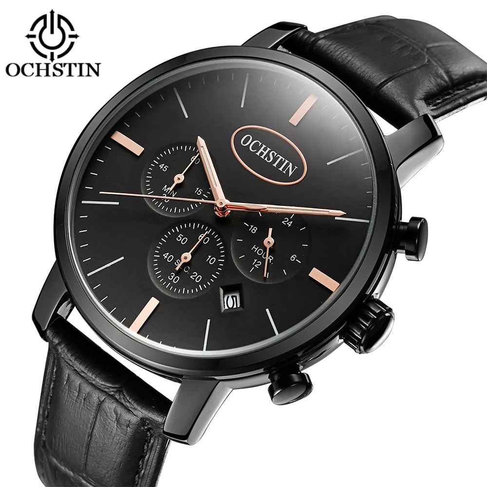 

OCHSTIN 2018 Waterproof Quartz Watch Men Hot Sale Luminous Ultra Thin Quartz Watches Casual Genuine Leather Wristwatch + Box