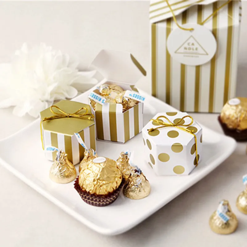 

12pcs Mini Stripe Dot Golden Hexagon Candy Gift Box Packaging Wedding Cardboard Dragee Cookie Bags Gift Bags Wrapping Supplies