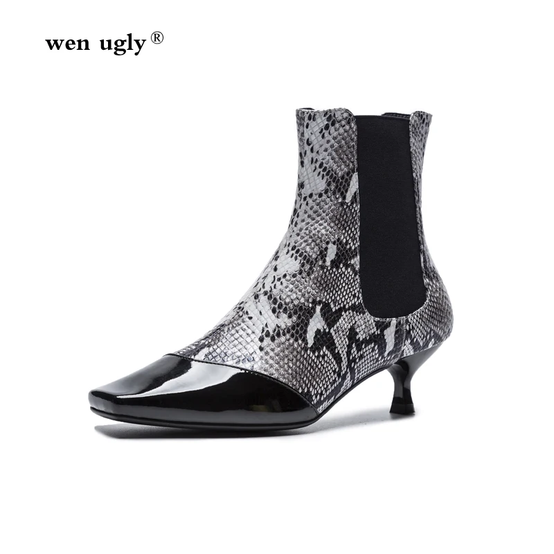 

wen ugly Chelsea boots 2018 autumn and winter square head leather boots casual fashion fine heel and ankle boots size 35-39