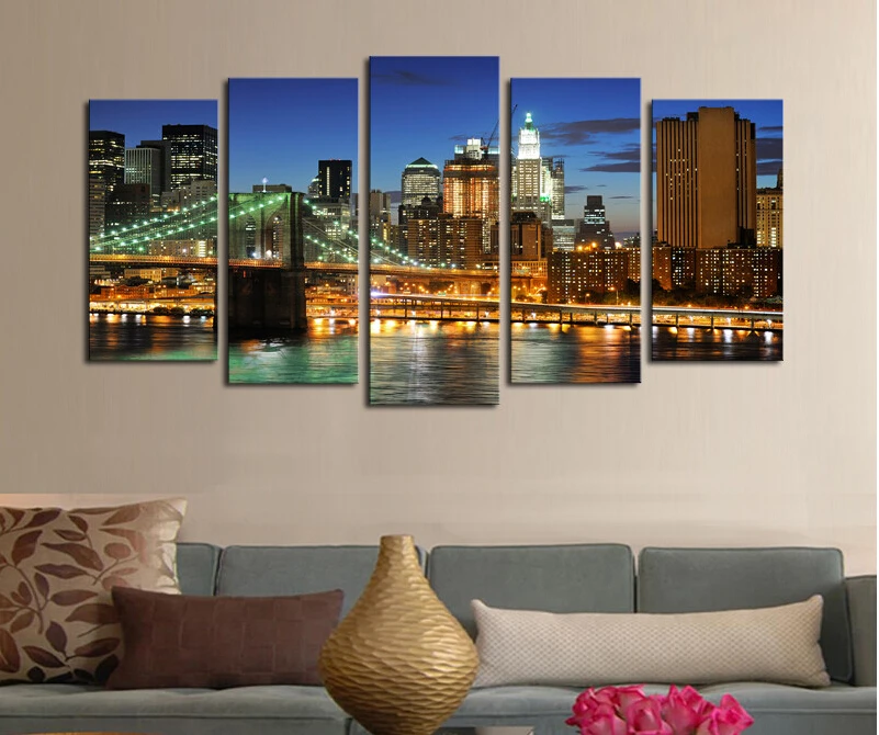 5 Panels Unframed Modern City Nightscape Wall Picture Decoration Print