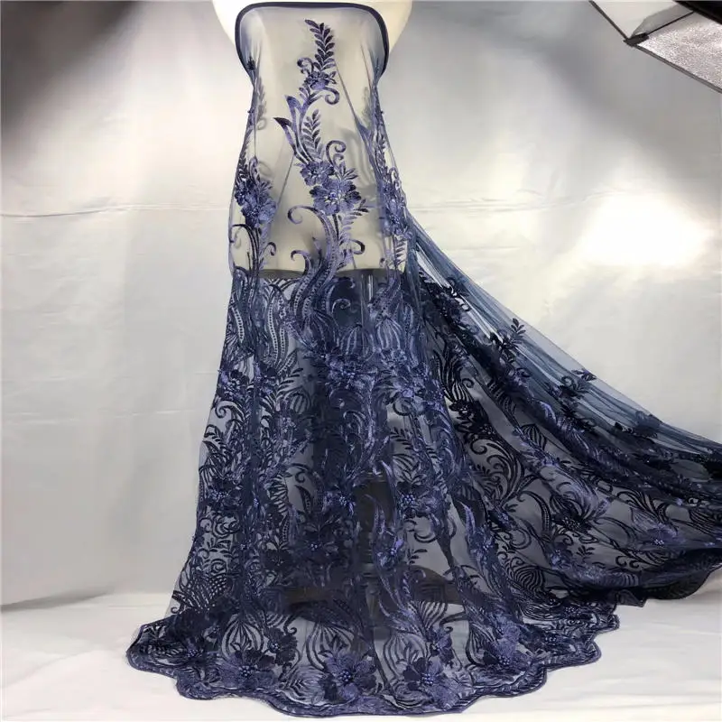 

Good looking african tulle 3d lace fabric with beads high quality french net lace fabric for women dress beads fabric blue