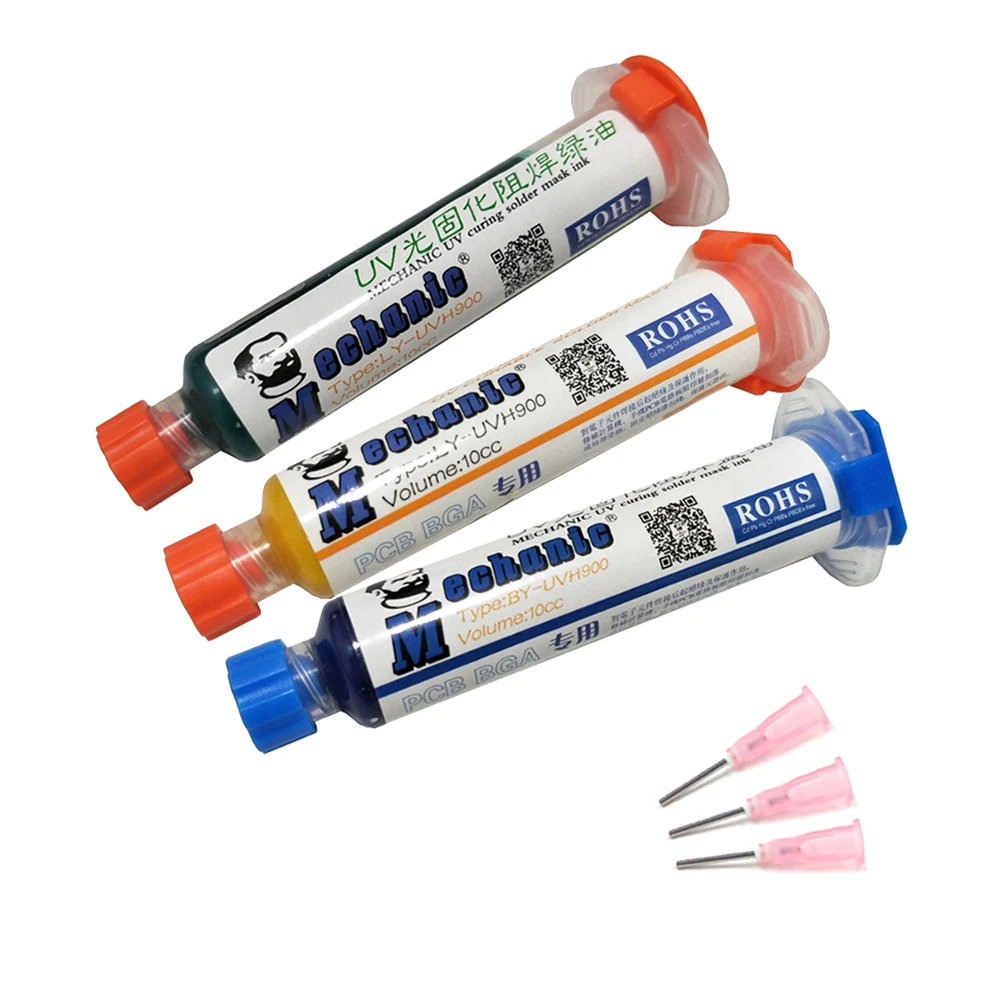 3pcs Mechanic 10cc 3 Color Uv Curable Solder Mask + Needles Soldering