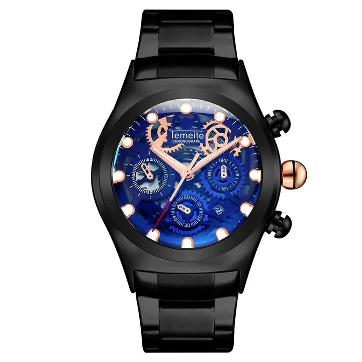 TEMEITE, военный большой чехол, кварцевые часы для мужчин, 3 суб-циферблата, украшение, уникальный синий циферблат, металлический ремешок, мужские часы, Лидирующий бренд, роскошные - Цвет: BLACK BLUE
