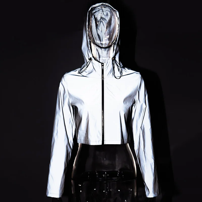 ZHYMIHRET 2019 Spring New Reflective Female Jacket Casual Sport Hooded Short Coat Women Crop Top Casaco Feminino Manteau Femme