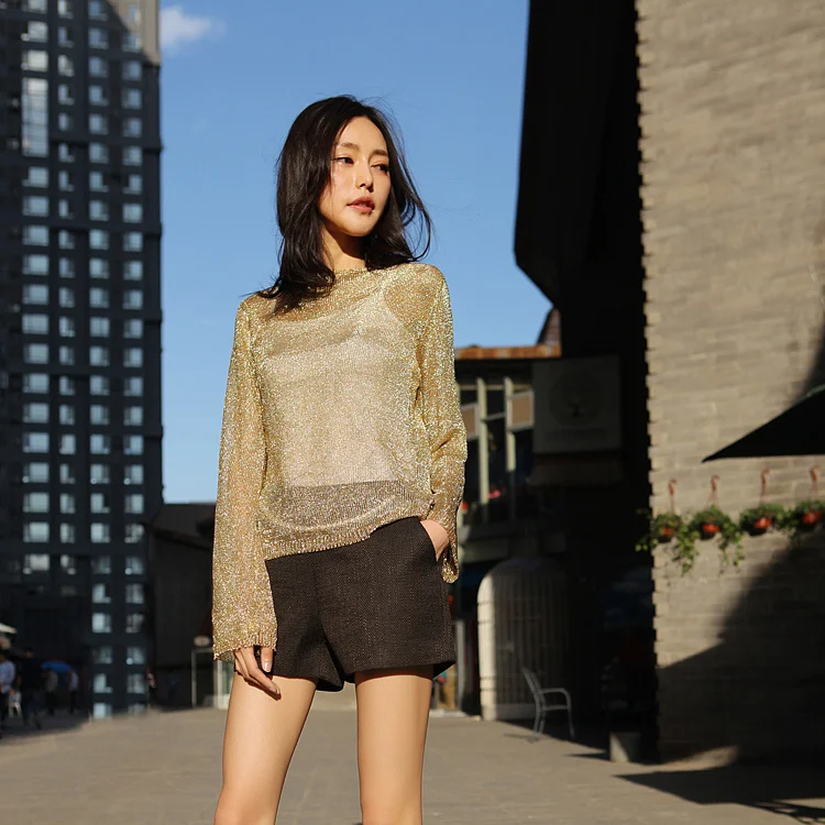 Cakucool New Gold Lurex Knit Tops Women t shirt Long Sleeve Slash Neck Tee Shirts Thin See-through Mesh Sexy Tees Tshirts Femme Cakucool New Gold Lurex Knit Tops Women t shirt Long Sleeve Slash Neck Tee Shirts Thin See-through Mesh Sexy Tees Tshirts Femme