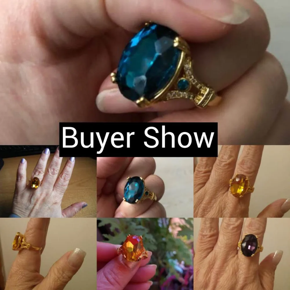 JUNXIN Male Female Luxury Big Oval Stone Engagement Rings For Women 18KT Yellow Gold Purple Green Blue Zircon Birthstone Ring