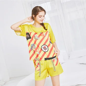 

Women's Silk Pajamas Sexy Lingerie Cartoon Striped Pajama Sets Shirt & Shorts Sleepwear Women's Suit 2018 Summer Clothes Pijama