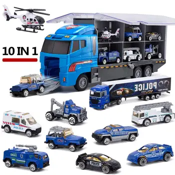 

Alloy Diecast Double-Deck Car Transporter Metal AlloyTransport Truck Police Cars Set Toy 10pcs Vehicle Model Toys Hobby For Kids