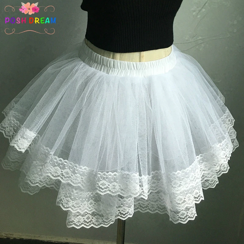 

POSH DREAM White Black 4 Layer Lace Flower Girl Ball Gown Kids Pettiskirt Short Wedding Petticoats Stock Underskirt Length 35cm