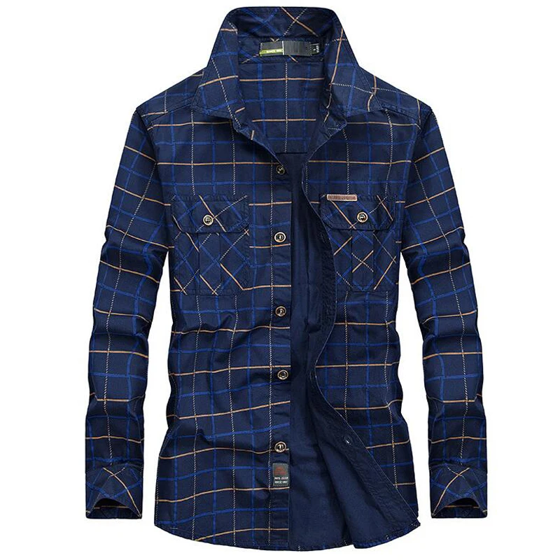 

Plaid Shirt Men Casual Pure Cotton Long Sleeve Shirts Camisa Masculina Mens Quality Spring Autumn Army Military Pocket 5XL Shirt