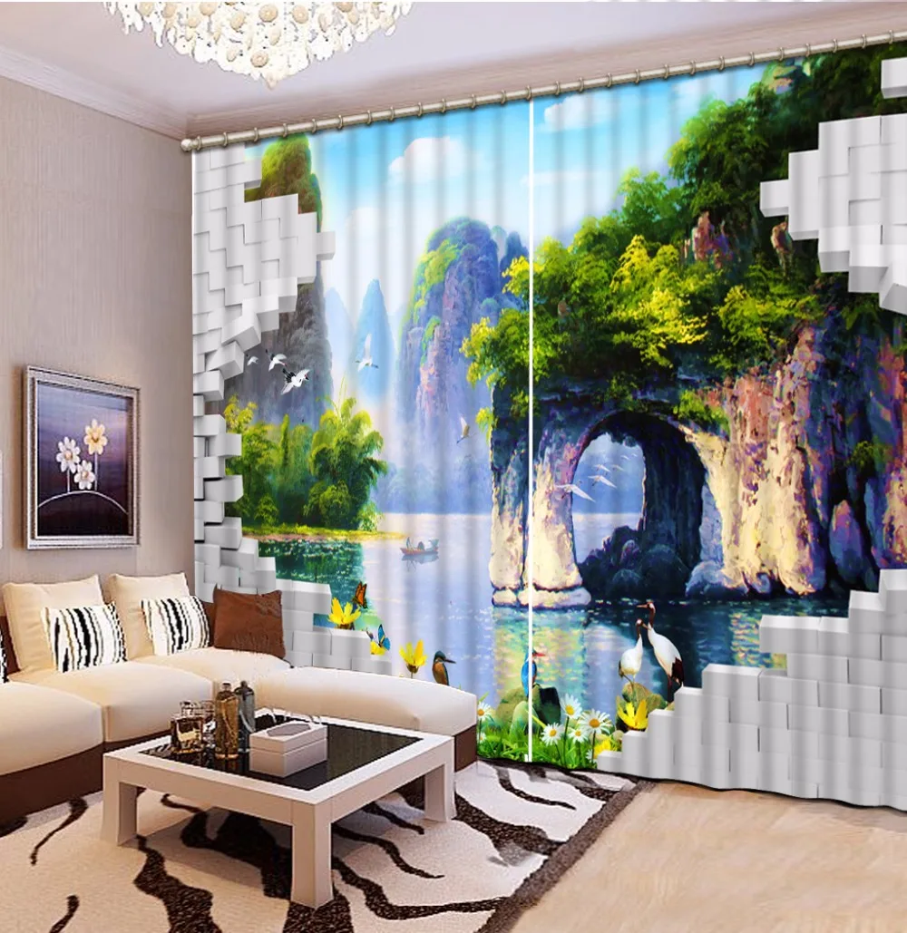 European 3D Curtains Mountain Scenery Curtains For Bedroom Luxury