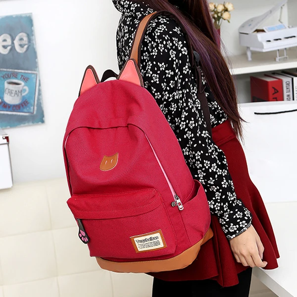 

sweet cat ear design school style girl backpack for school laptop multifunction bag of canvas Watermelon red