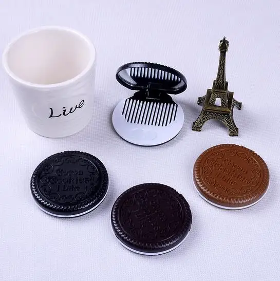 

30 pcs Portable Cute Chocolate Cookie Shape Cosmetic Makeup Mirror + Comb Lady Girl Lovely cookies design with comb
