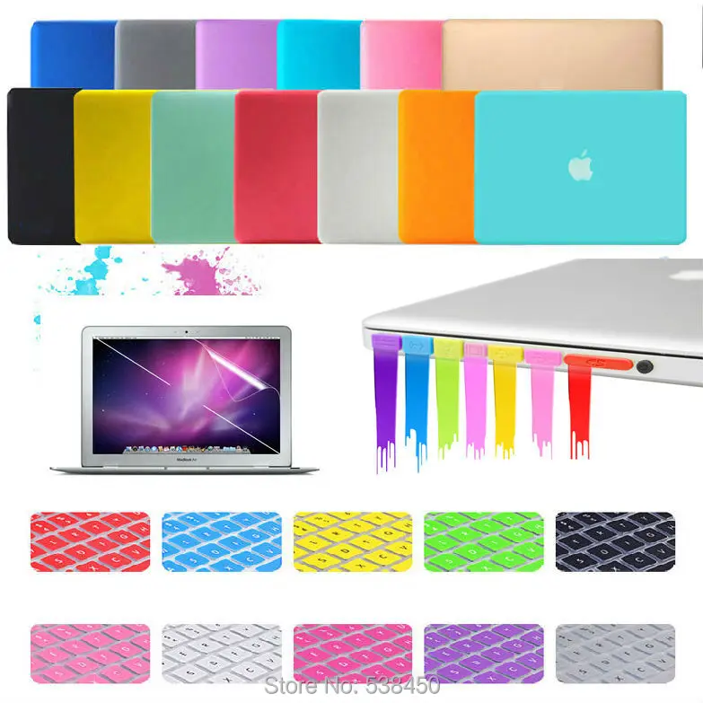  Free Shipping 15 colors 4in1 Matte Hard Case Cover + Keyboard Cover +Film + Plug Set For Macbook Air 11 13 / Pro 13 15 + Retina 