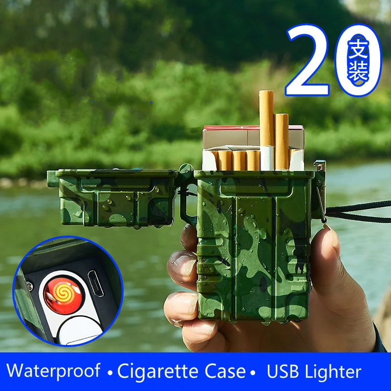 

Outdoor Waterproof Portable USB Electronic Cigarette Case With Lighter 20pcs Cigarette Holder Cigarette Box Gadgets For Men