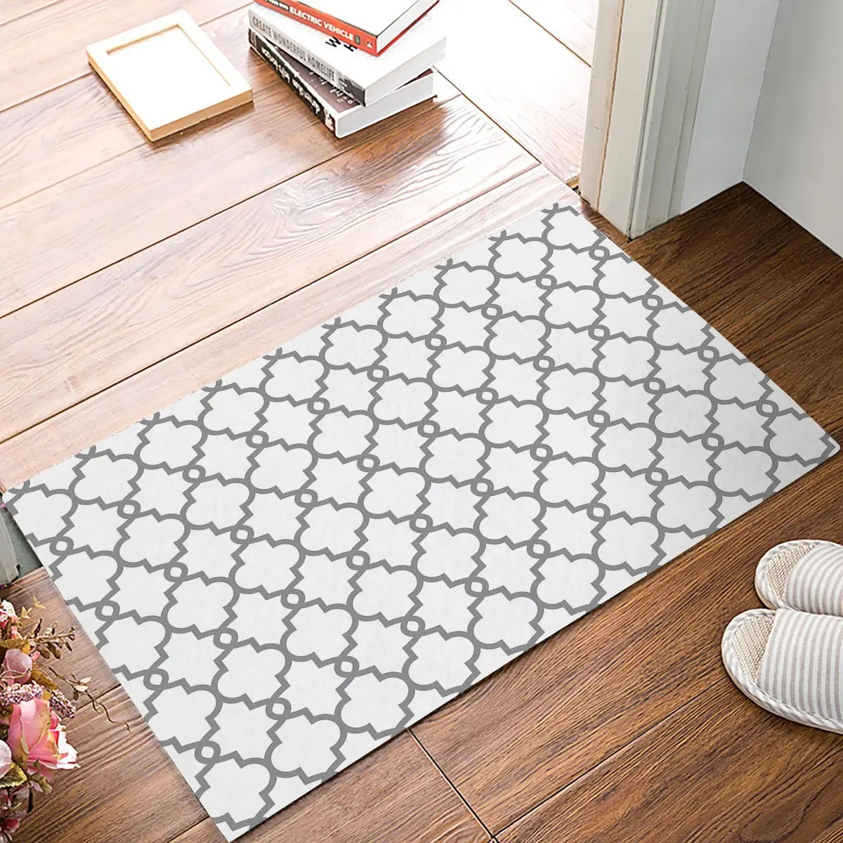 

Rug Entrance Gray Moroccan Repeating Geometry Pattern Bathroom Doormat Carpet Indoor Mat Anti Skid Shag Shaggy Bath Shower Mats